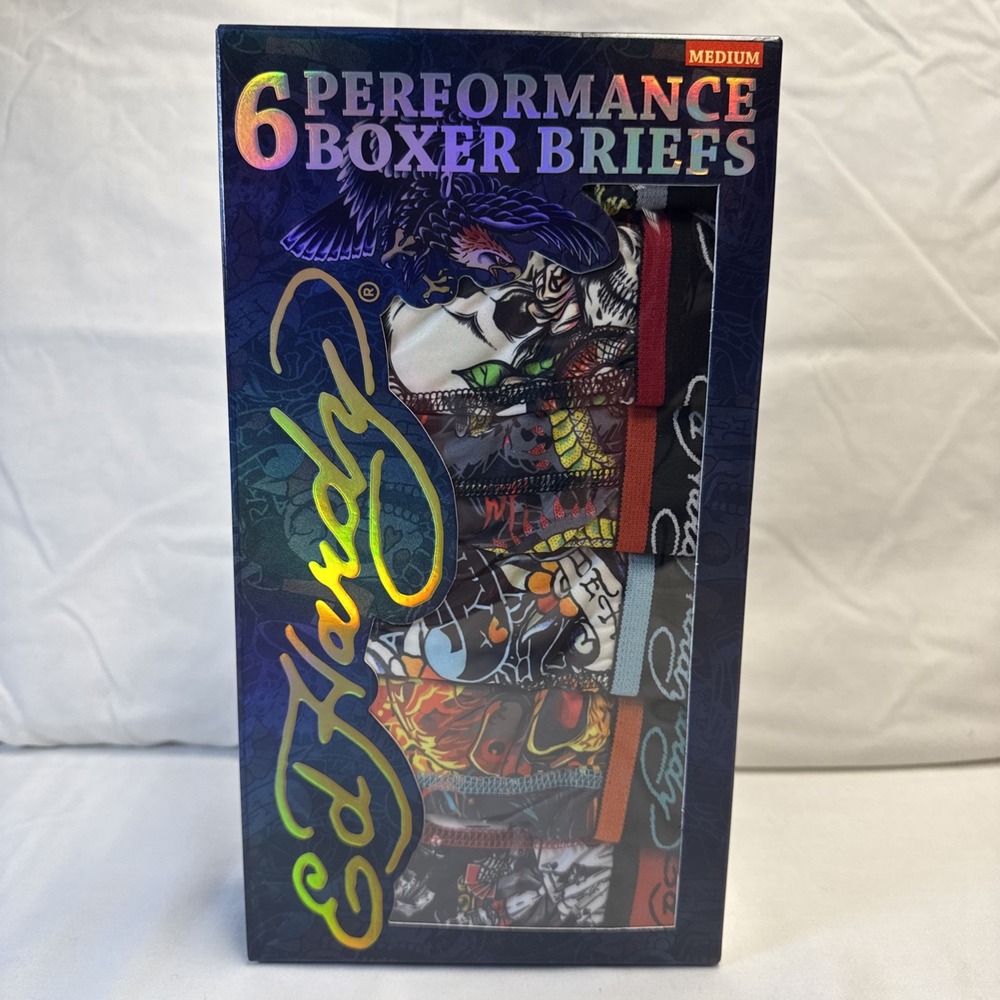 Ed Hardy Mens Medium 6 Pack Performance Boxer Briefs Tattoo Print Skulls Tiger